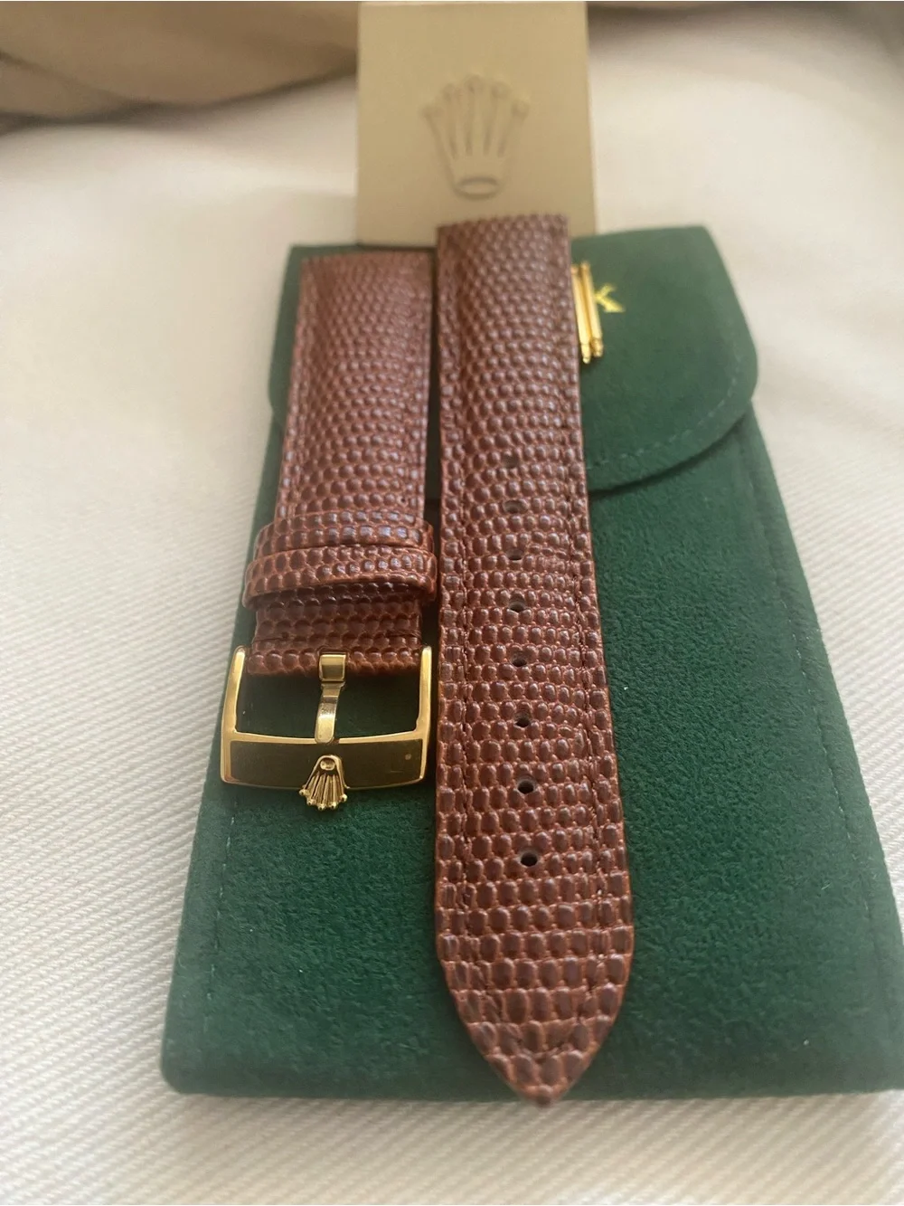 Vintage Brown Lizard-Texture Leather Watch Strap Rolex Gold Plated Buckle 20mm